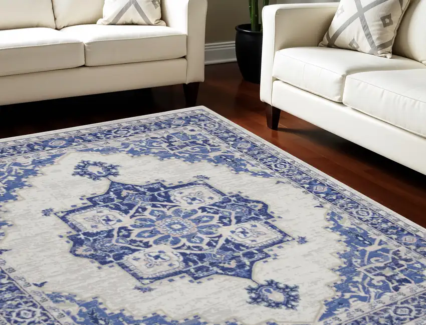 Ivory and Blue Floral Medallion Distressed Non Skid Area Rug Photo 1