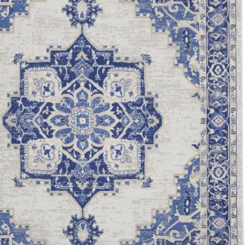 Ivory and Blue Floral Medallion Distressed Non Skid Area Rug Photo 6