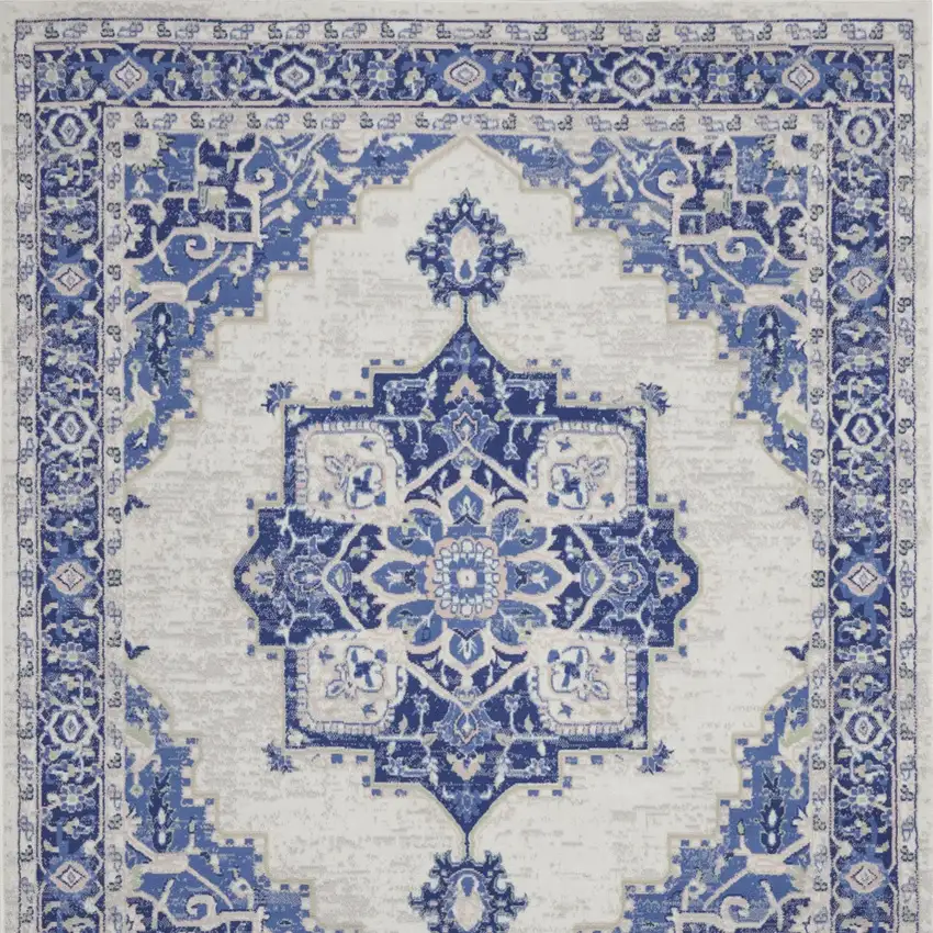 Ivory and Blue Floral Medallion Distressed Non Skid Area Rug Photo 7