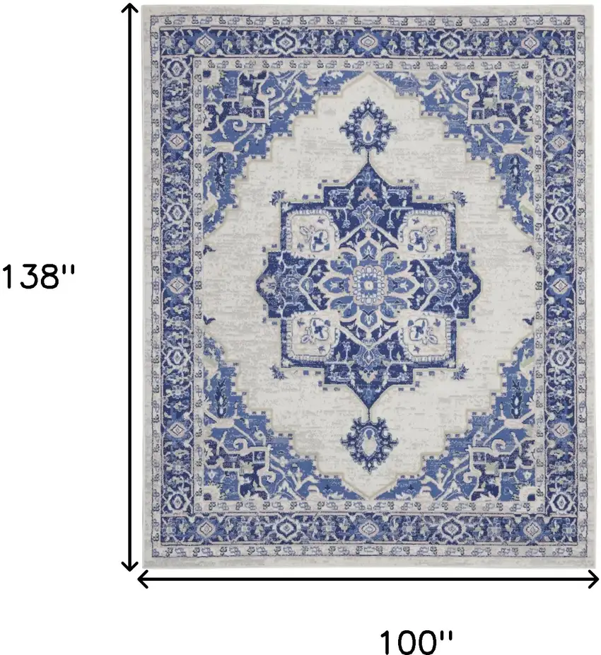 Ivory and Blue Floral Medallion Distressed Non Skid Area Rug Photo 3