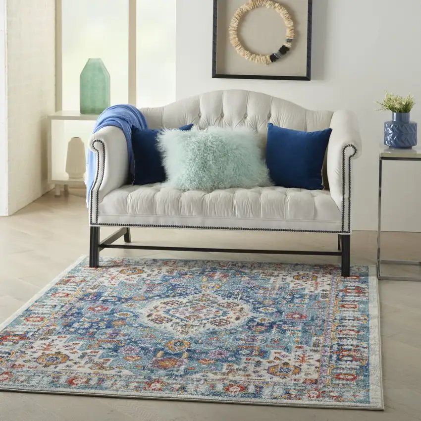 Ivory and Blue Floral Motifs Area Rug Photo 7