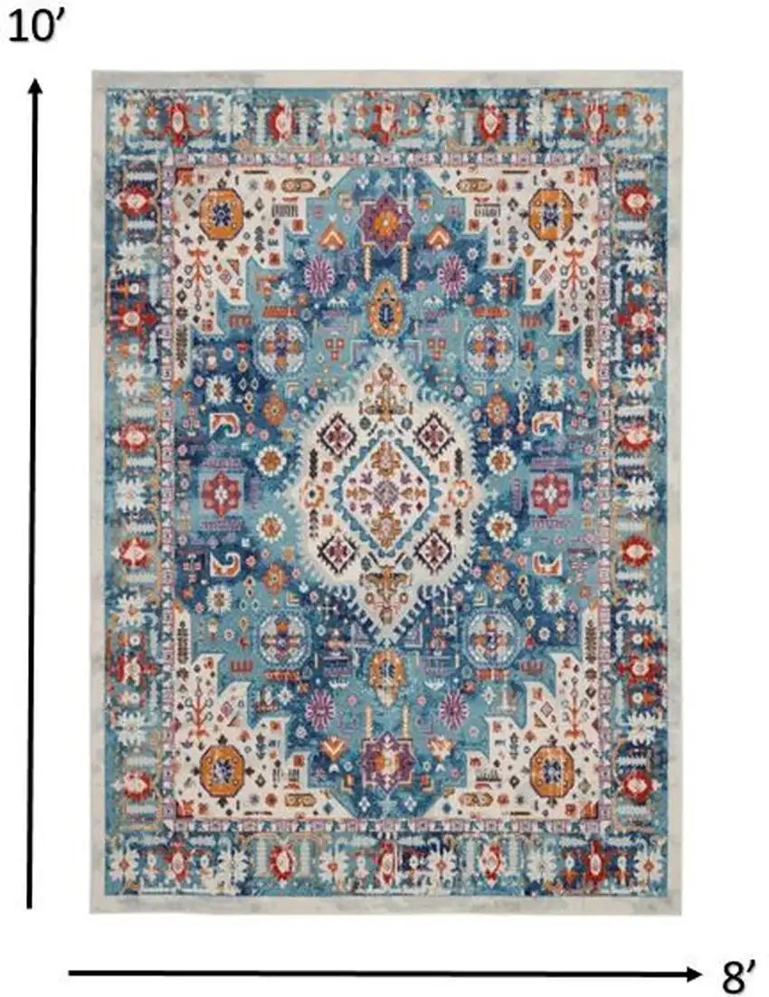 Ivory and Blue Floral Motifs Area Rug Photo 6