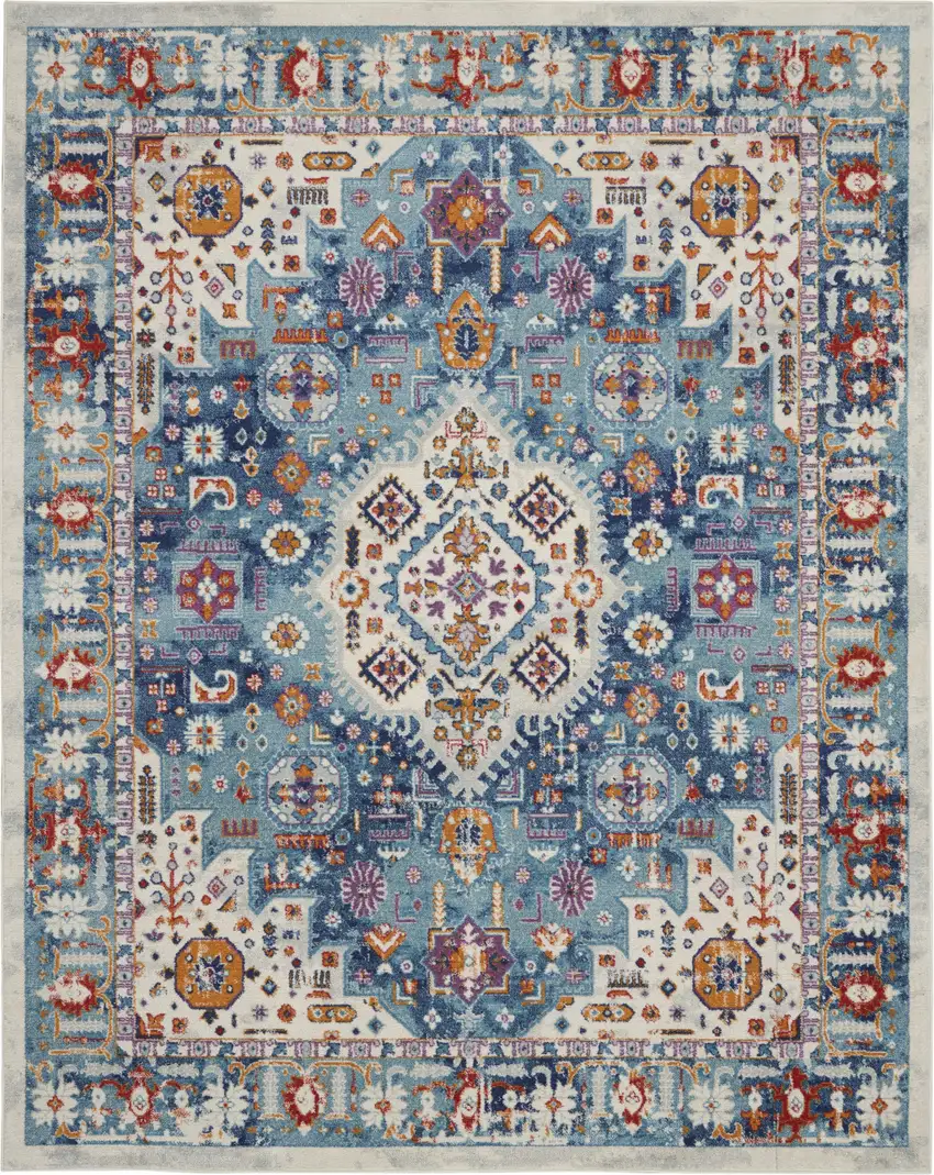 Ivory And Blue Floral Distressed Area Rug Photo 1