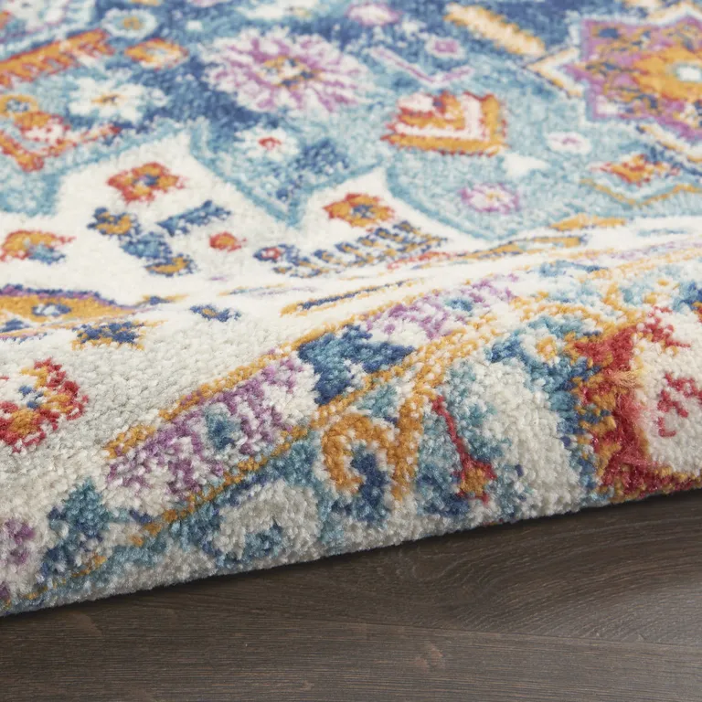Ivory and Blue Floral Motifs Area Rug Photo 4