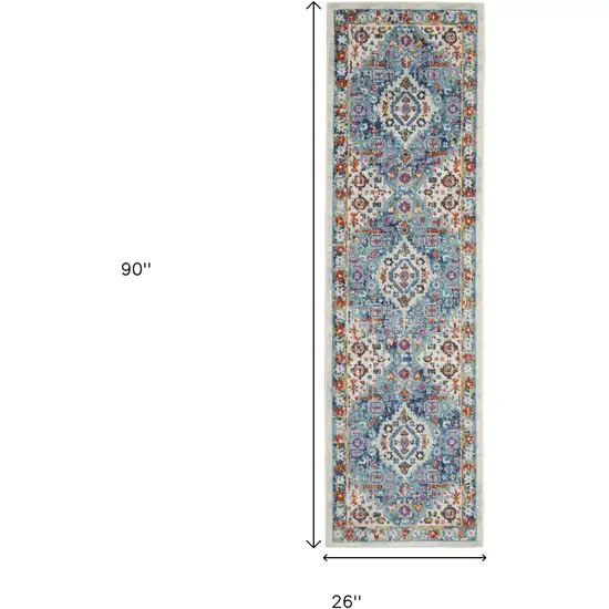 8' Ivory And Blue Floral Distressed Runner Rug Photo 3