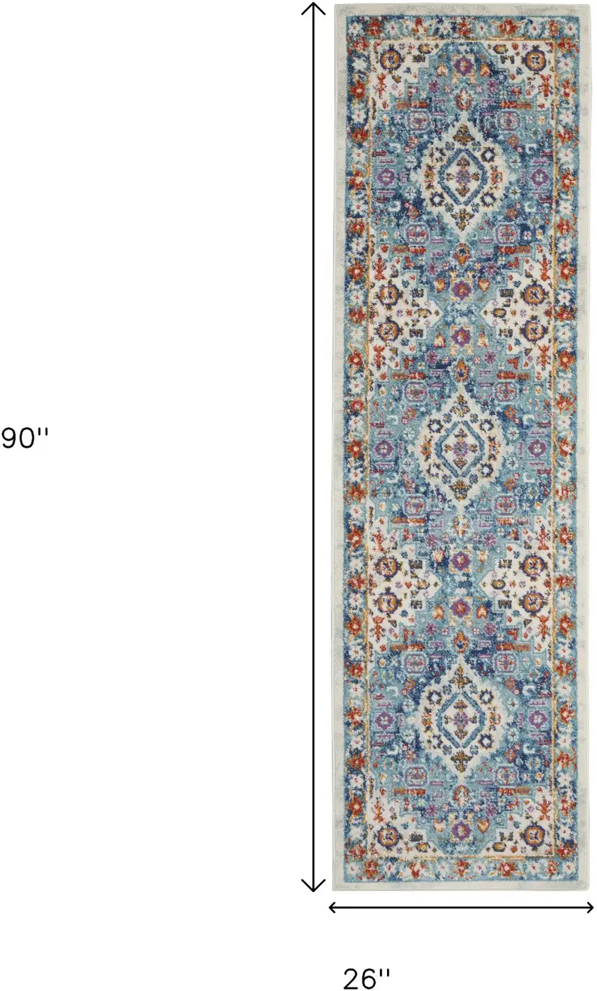 8' Ivory And Blue Floral Distressed Runner Rug Photo 3