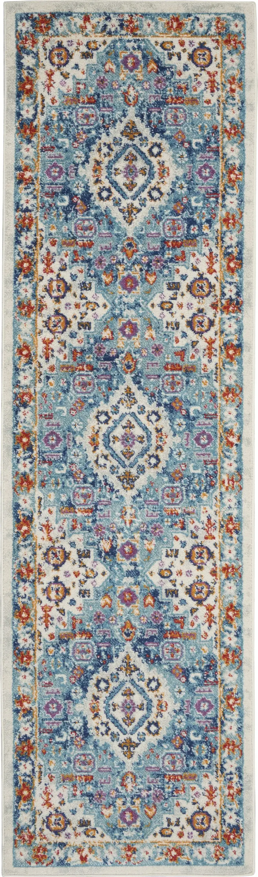 Ivory and Blue Floral Motifs Runner Rug Photo 1