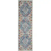 Photo of Ivory and Blue Floral Motifs Runner Rug