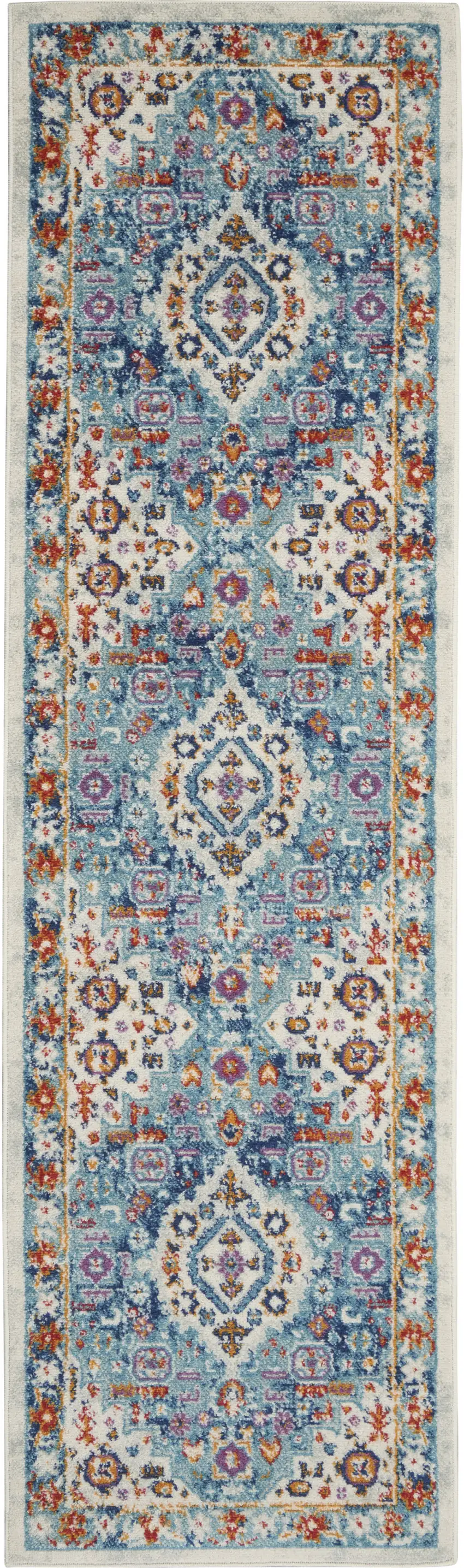 8' Ivory And Blue Floral Distressed Runner Rug Photo 2