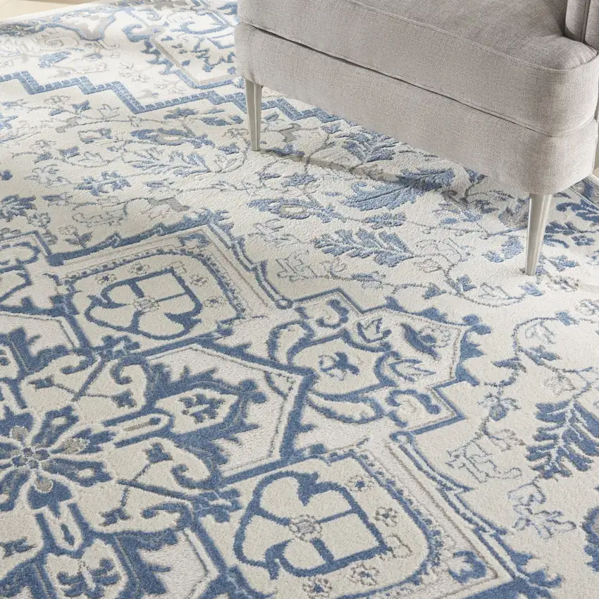 Ivory and Blue Floral Non Skid Area Rug Photo 4