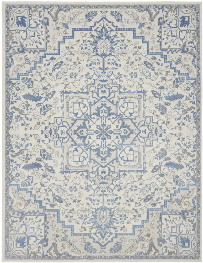 Ivory and Blue Floral Non Skid Area Rug Photo 2