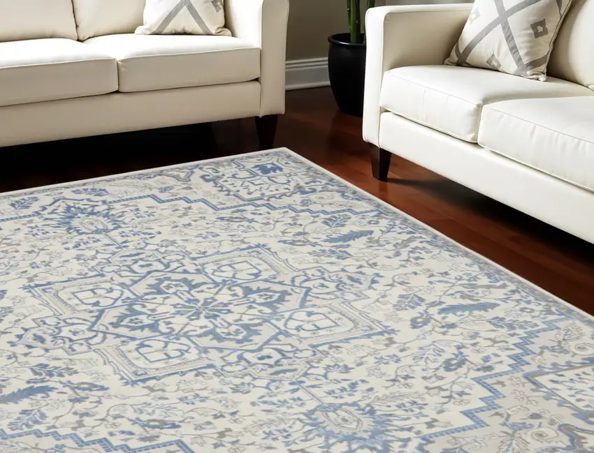 Ivory and Blue Floral Non Skid Area Rug Photo 1