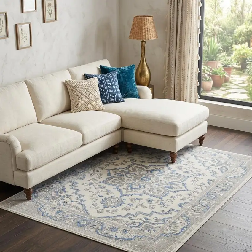 Ivory and Blue Floral Non Skid Area Rug Photo 1