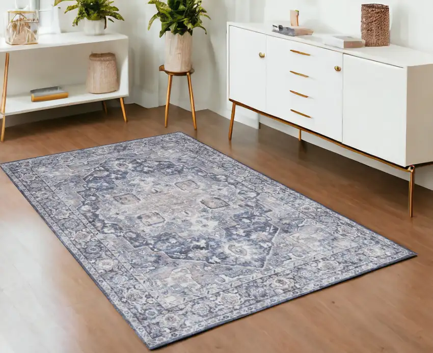 Ivory and Blue Floral Power Loom Distressed Area Rug Photo 1
