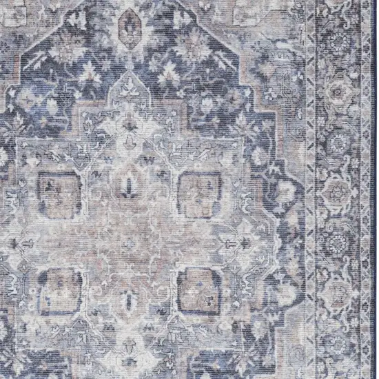 Ivory and Blue Floral Power Loom Distressed Area Rug Photo 6