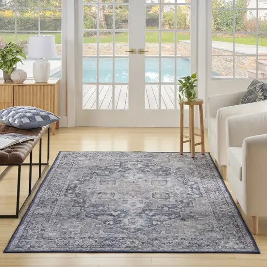 Ivory And Blue Floral Distressed Area Rug Photo 5
