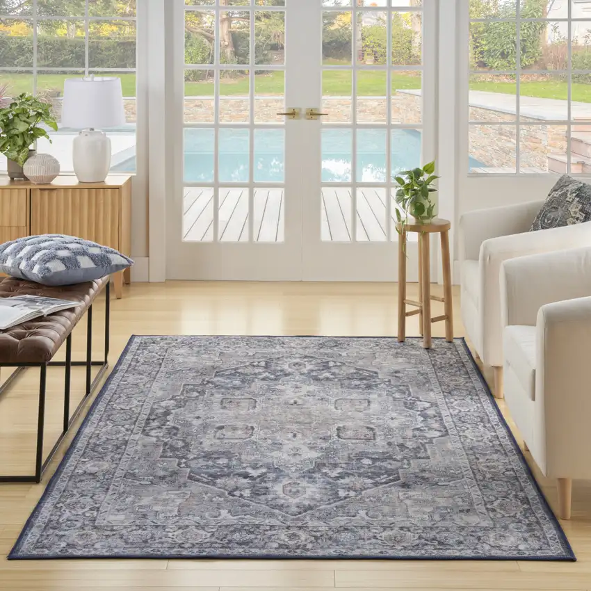 Ivory And Blue Floral Distressed Area Rug Photo 5