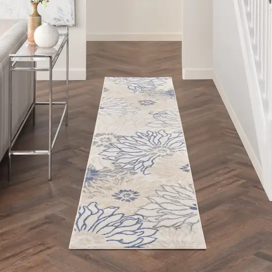 10' Ivory And Blue Floral Distressed Runner Rug Photo 5