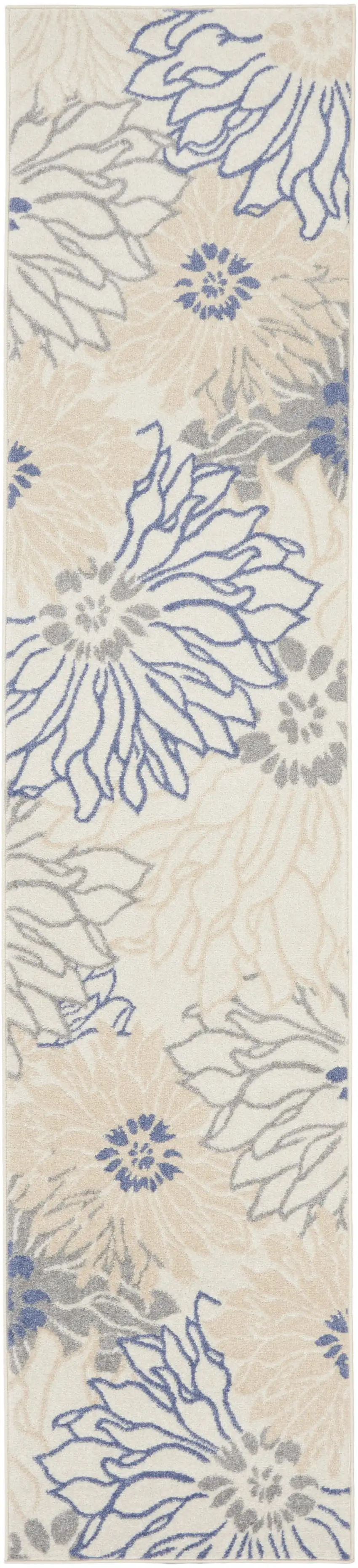 Ivory and Blue Floral Power Loom Distressed Runner Rug Photo 2