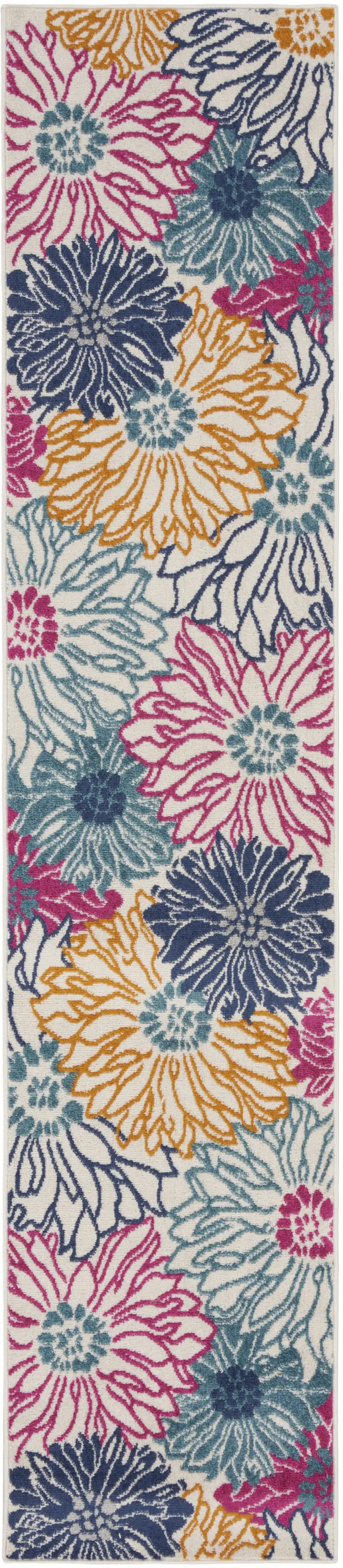 Ivory and Blue Floral Power Loom Runner Rug Photo 2