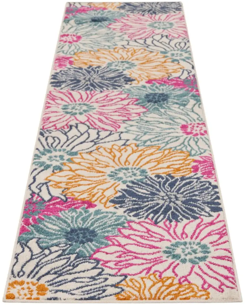 10' Ivory And Blue Floral Runner Rug Photo 2