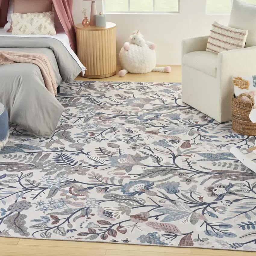 Ivory and Blue Floral Power Loom Washable Non Skid Area Rug Photo 9