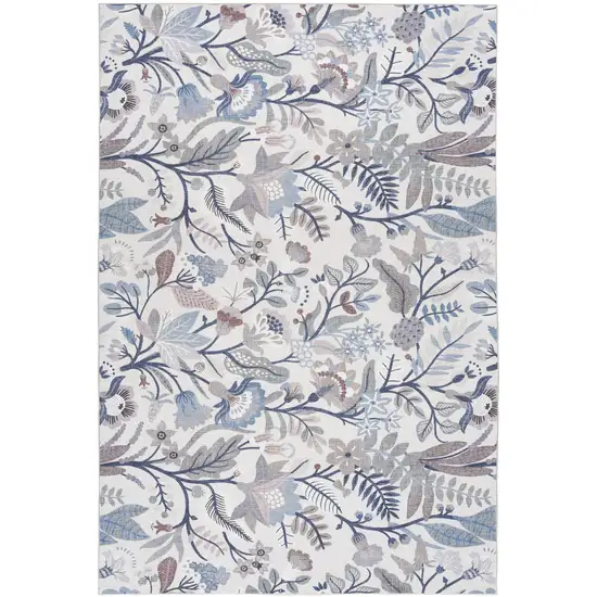 Ivory and Blue Floral Power Loom Washable Non Skid Area Rug Photo 2