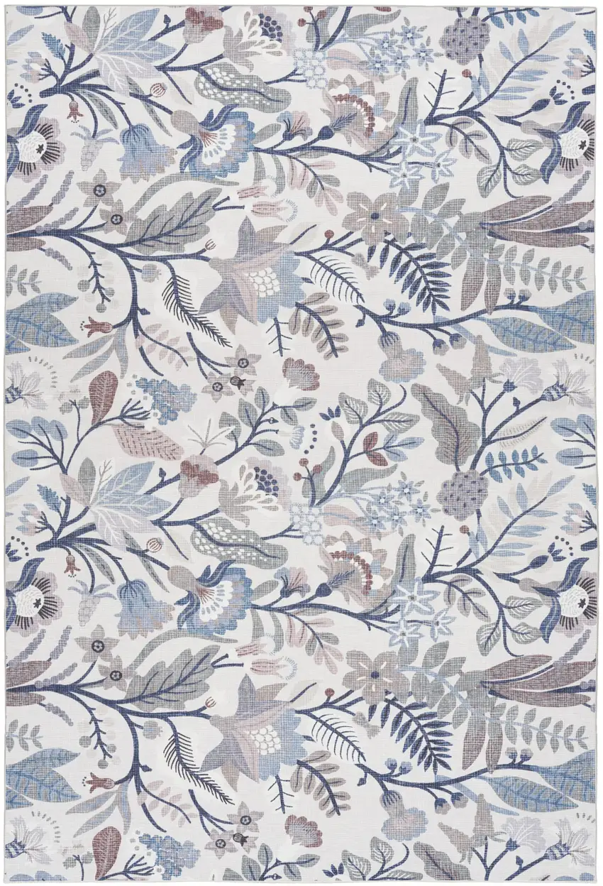 Ivory and Blue Floral Power Loom Washable Non Skid Area Rug Photo 2