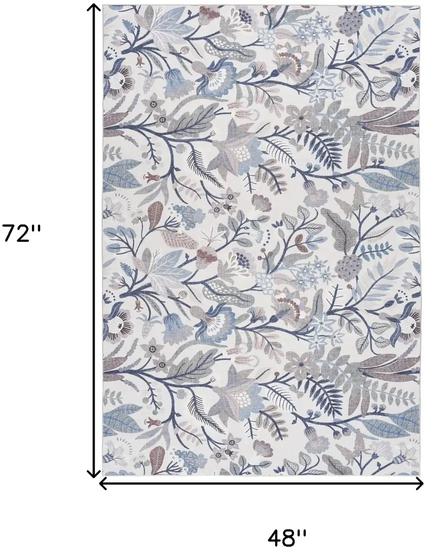 Ivory and Blue Floral Power Loom Washable Non Skid Area Rug Photo 3