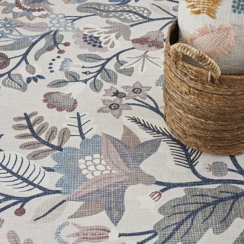 Ivory and Blue Floral Power Loom Washable Non Skid Area Rug Photo 8
