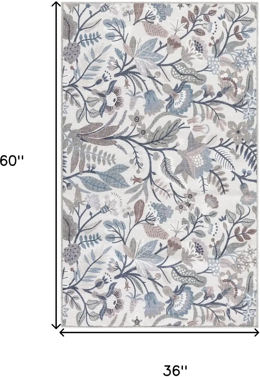 Ivory and Blue Floral Power Loom Washable Non Skid Area Rug Photo 3