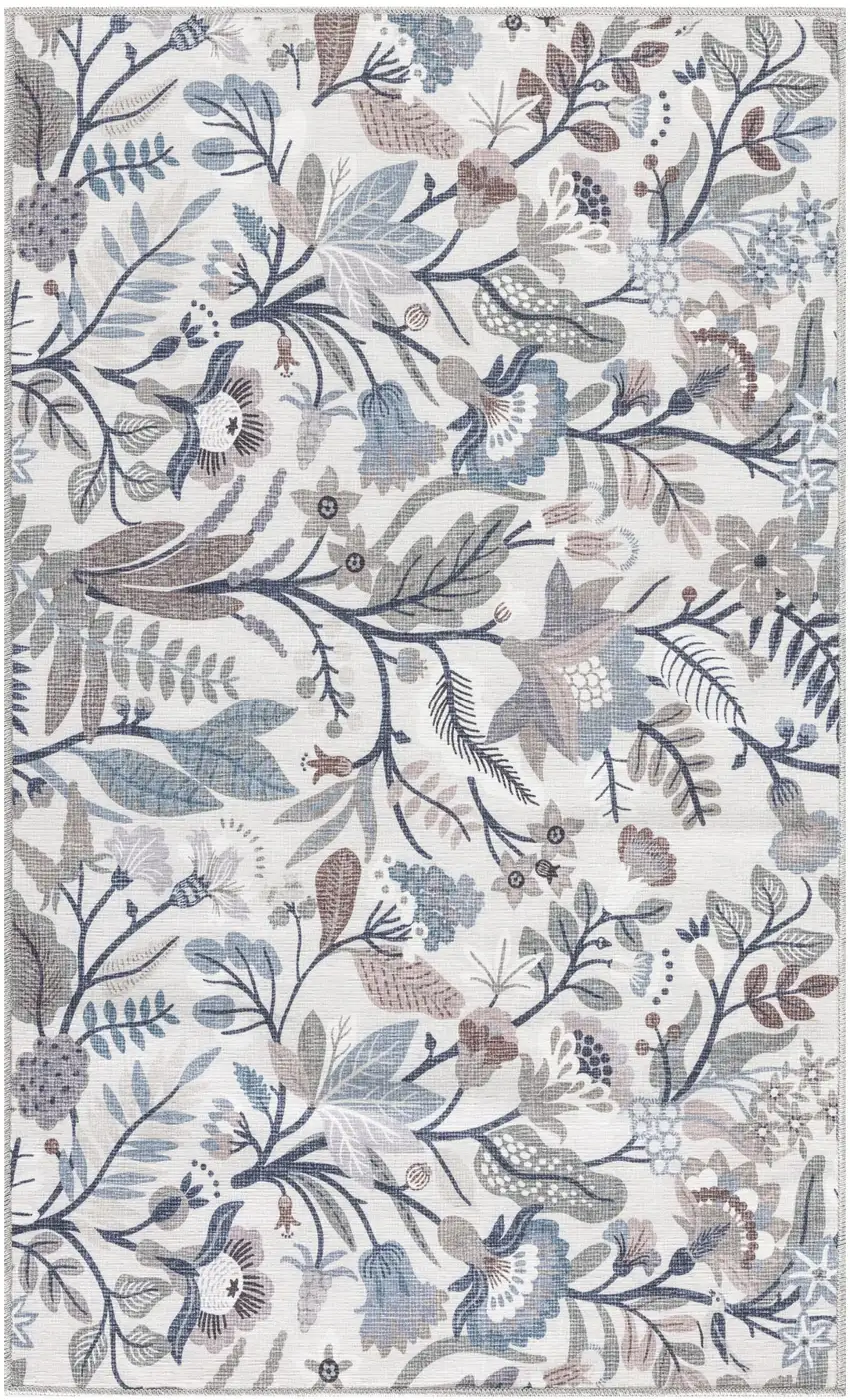 Ivory and Blue Floral Power Loom Washable Non Skid Area Rug Photo 2