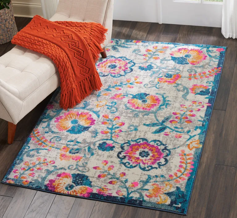 Ivory and Blue Floral Vines Area Rug Photo 4