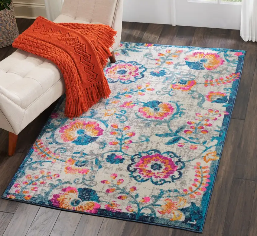 Ivory and Blue Floral Vines Area Rug Photo 5