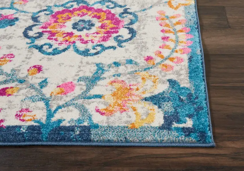 Ivory and Blue Floral Vines Area Rug Photo 6