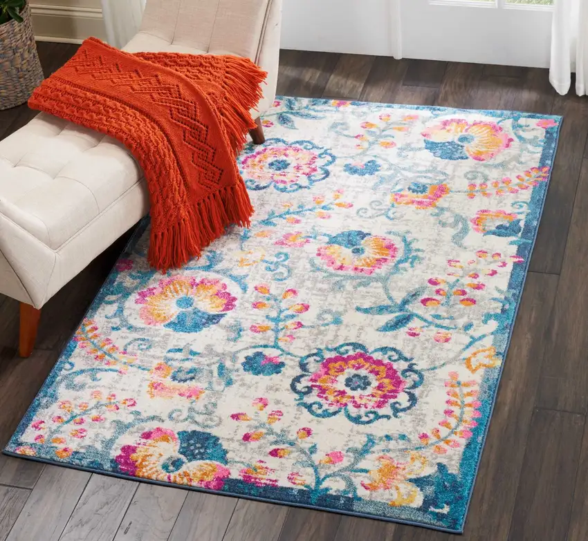 Ivory and Blue Floral Vines Area Rug Photo 4