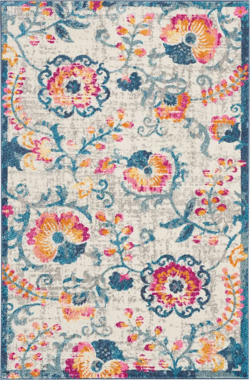 Ivory and Blue Floral Vines Area Rug Photo 1