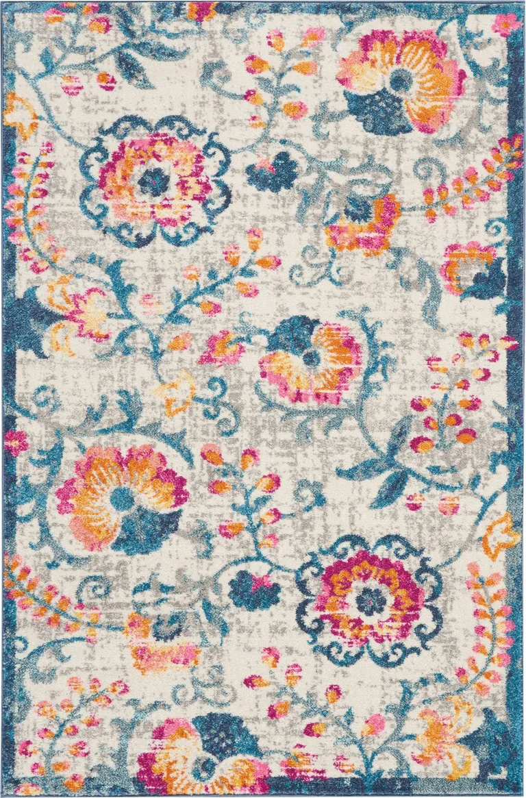 Ivory and Blue Floral Vines Area Rug Photo 1