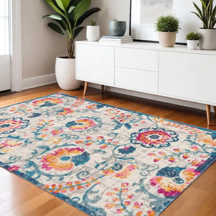 Ivory And Blue Floral Area Rug Photo 2