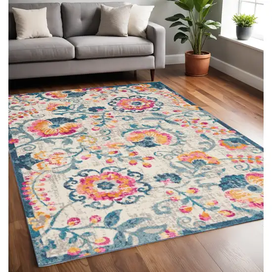 Ivory And Blue Floral Area Rug Photo 1