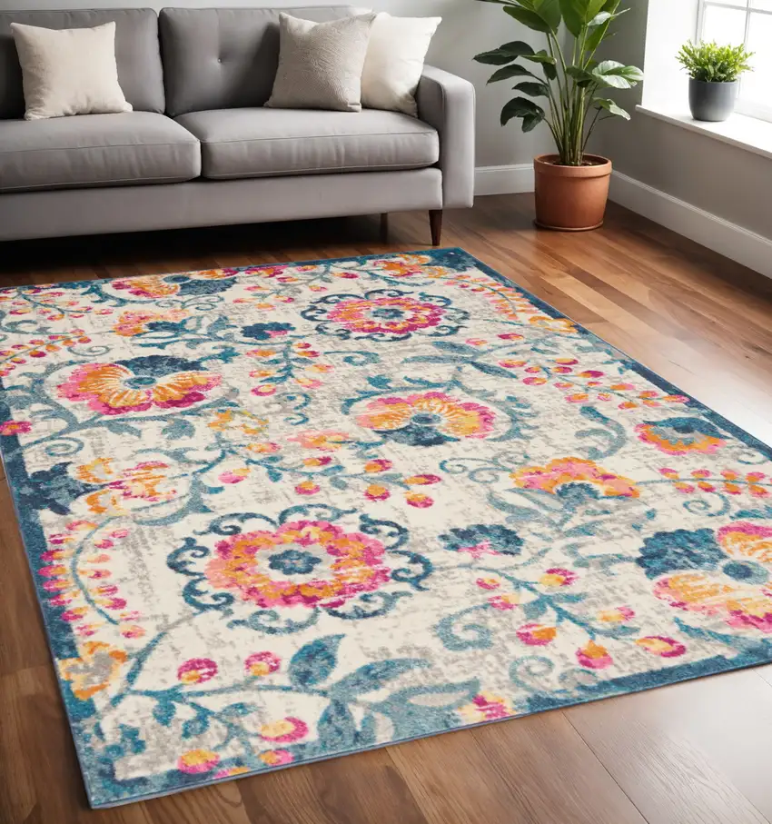 Ivory And Blue Floral Area Rug Photo 1