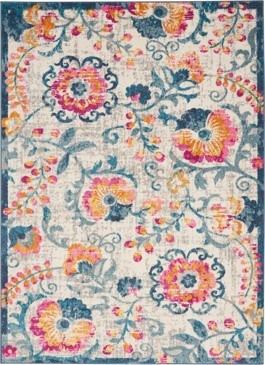 Ivory And Blue Floral Area Rug Photo 3