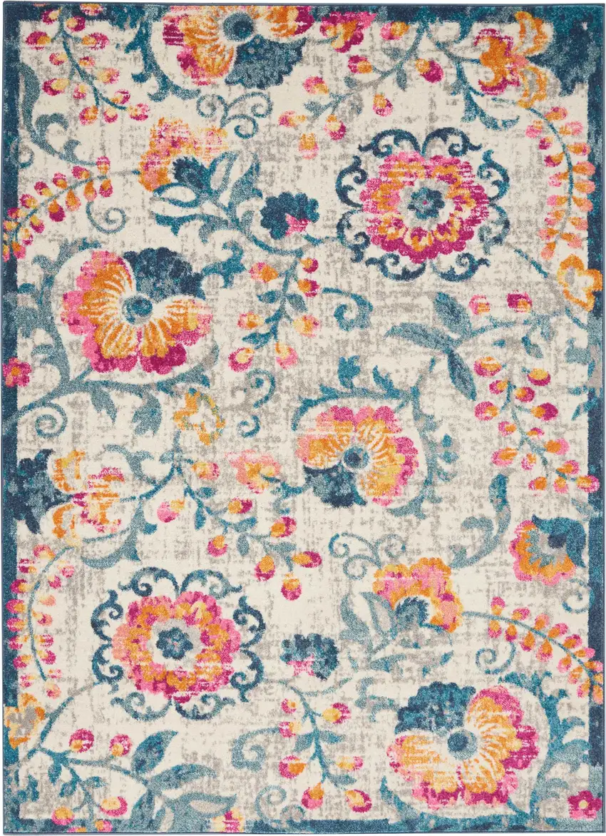 Ivory And Blue Floral Area Rug Photo 4