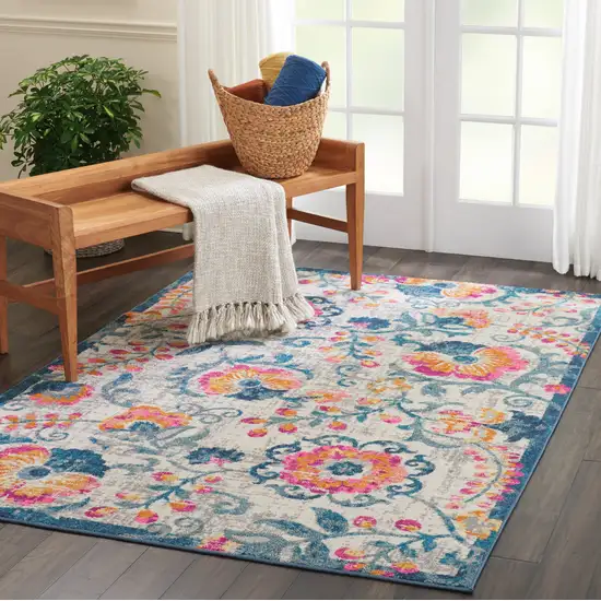 Ivory And Blue Floral Area Rug Photo 5