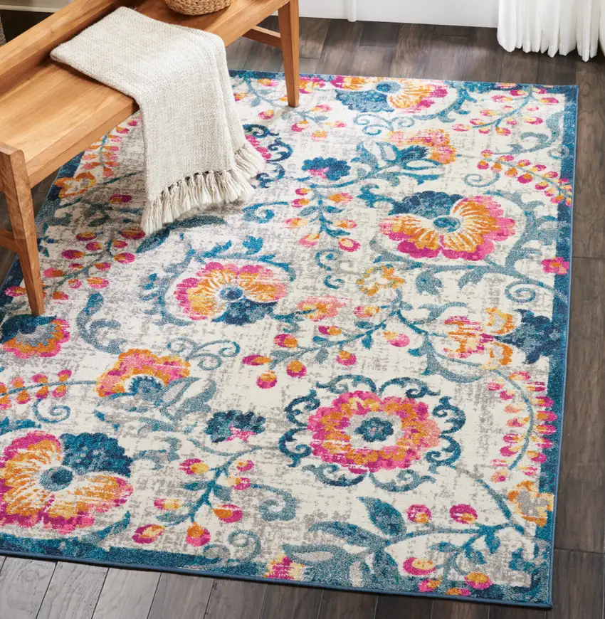 Ivory And Blue Floral Area Rug Photo 6