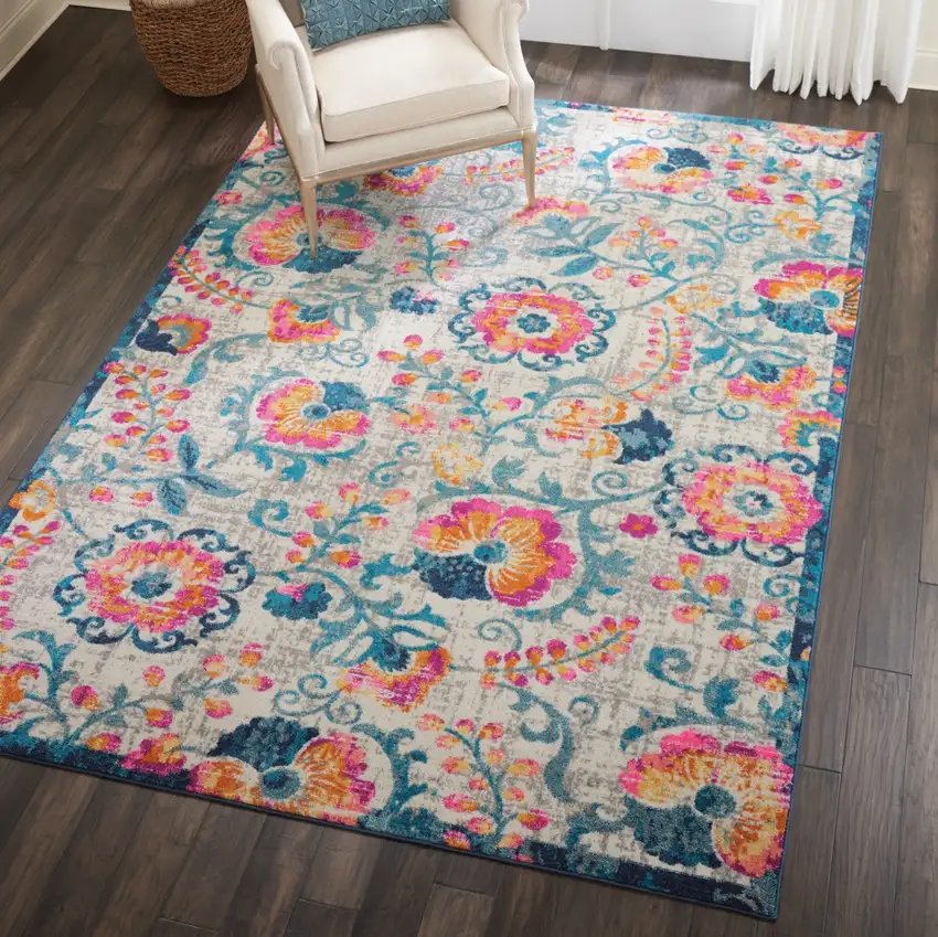 Ivory and Blue Floral Vines Area Rug Photo 6