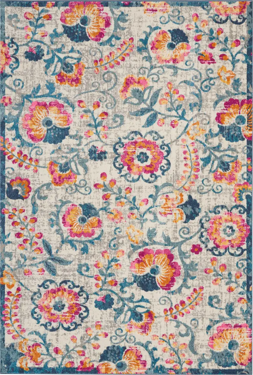 Ivory And Blue Floral Area Rug Photo 1