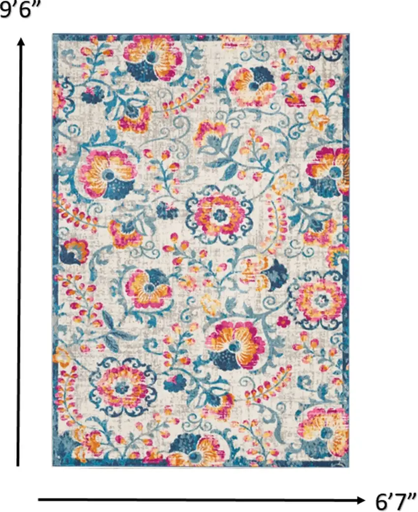 Ivory and Blue Floral Vines Area Rug Photo 4