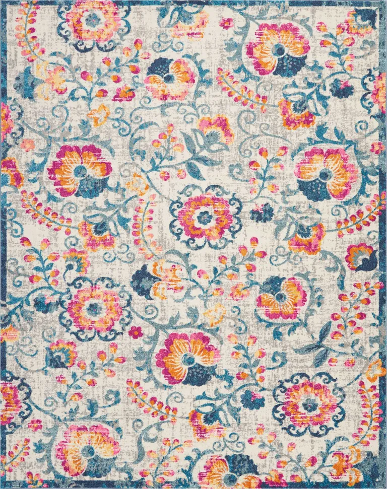 Ivory and Blue Floral Vines Area Rug Photo 1