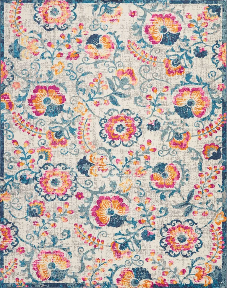 Ivory and Blue Floral Vines Area Rug Photo 3